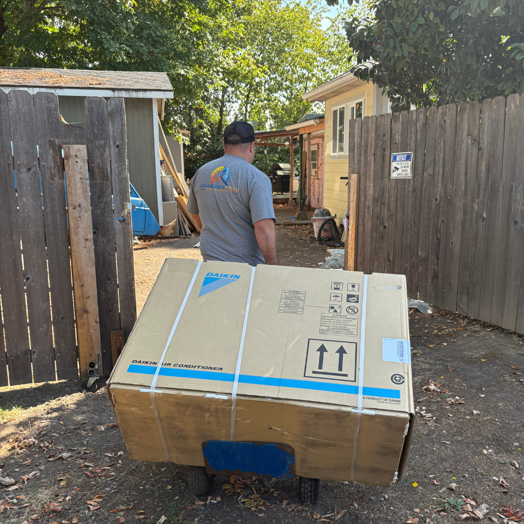 Professional DiMartino's technician delivering Daikin heat pump system Salem Oregon installation process