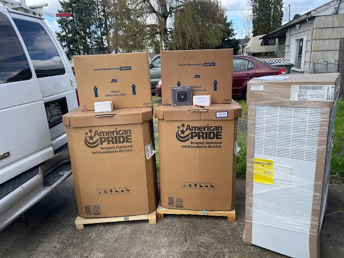 Professional heat pump equipment delivery Salem Oregon American Pride HVAC units ready for installation