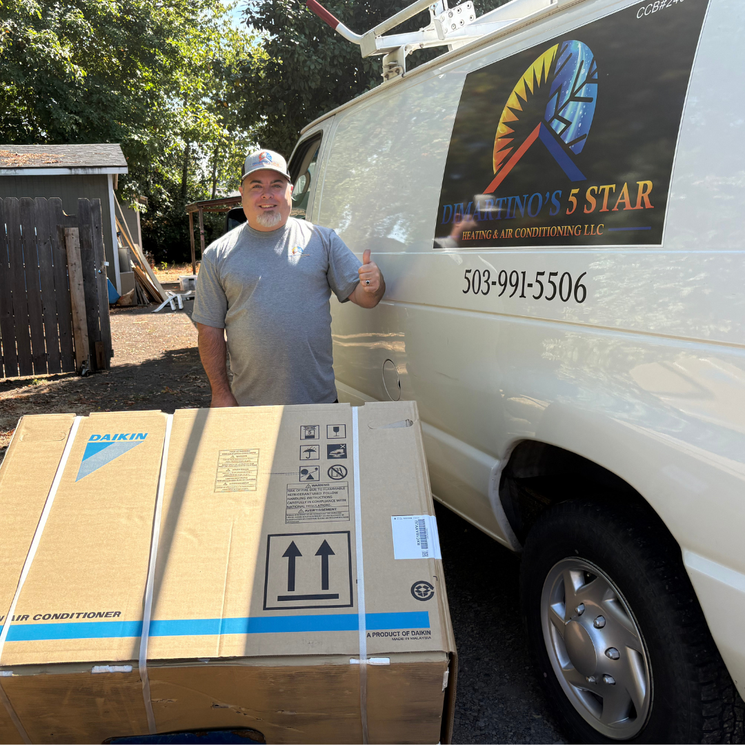 DiMartino's 5 Star owner with a new Daikin AC system in front of the branded service van in Salem, Oregon